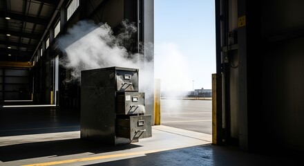 Vintage metal file cabinet with open drawers emits smoke in an industrial space interior scene.