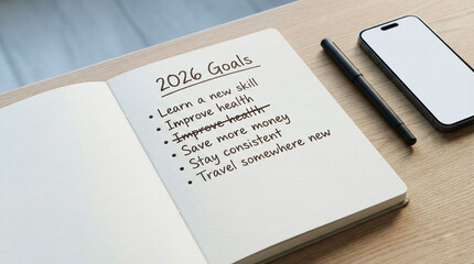 2026 goals notebook desk flat lay scene. 2026 goals notebook on wooden desk.. Setting honest goals to move forward in 2026.
