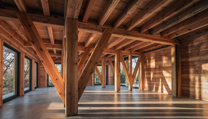 A modern interior showcases exposed wooden beams and columns, creating a warm, inviting space with natural light and minimalist design elements.