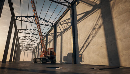 Fototapeta premium A construction crane stands inside a large industrial building with a metal frame, casting long shadows on the concrete wall under a sunny sky.