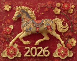 A vibrant depiction of a golden horse symbolizing prosperity for 2026, adorned with floral patterns on a striking red background.