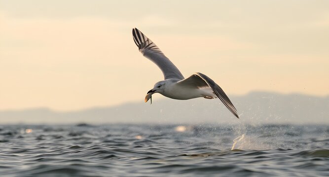 Seagull flying low over ocean surface with fish in beak, water droplets spraying from wings at golden hour - Powered by Adobe