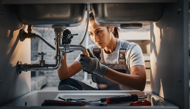 A focused female plumber repairs a kitchen sink, utilizing tools and expertise to fix plumbing issues with precision and skill, showcasing professional competence.