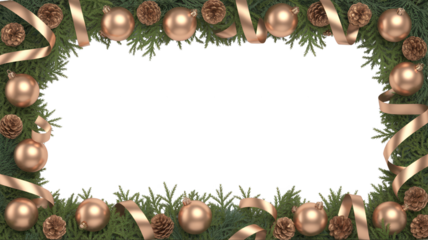 Festive christmas garland border with golden baubles and pine cones framing a black copy space