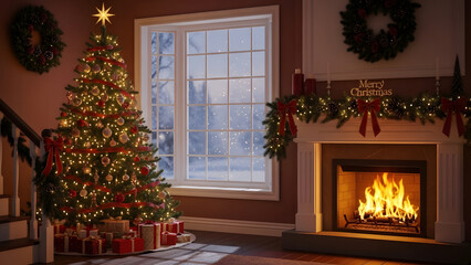 Fototapeta premium Warm and Festive Christmas Eve Scene with a Beautifully Decorated Tree, Crackling Fireplace, and Thoughtful Presents in a Cozy Home