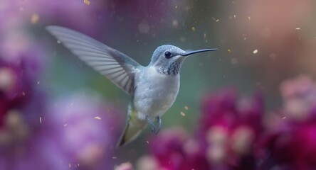 Fototapeta premium Hummingbird with iridescent feathers hovering in front of soft floral background