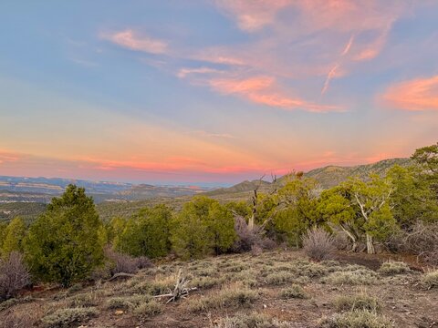 East Zion National Park. Wilderness mountaintop sunset view accessible by jeep or ATV from Ponderosa Ranch in Orderville, Utah. Hidden gem. Amazing dusk colors. Strawberry ridge and snow capped peaks.