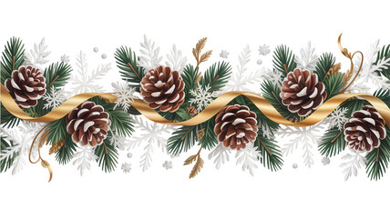 Festive christmas garland with pine cones snowflakes and golden ribbon on a black background