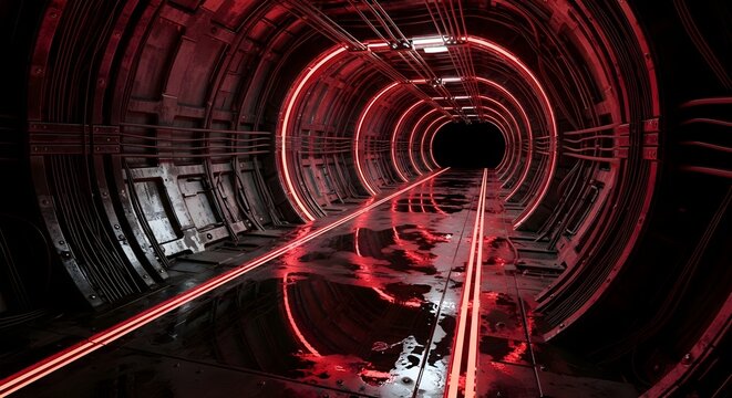 A futuristic black tunnel with geometric red laser lights creating a security grid, showcasing a deep perspective focus into the darkness