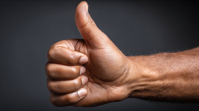 Close up of a person's dark skin hand gesturing approval with a thumb raised upwards against a dark backdrop - Powered by Adobe