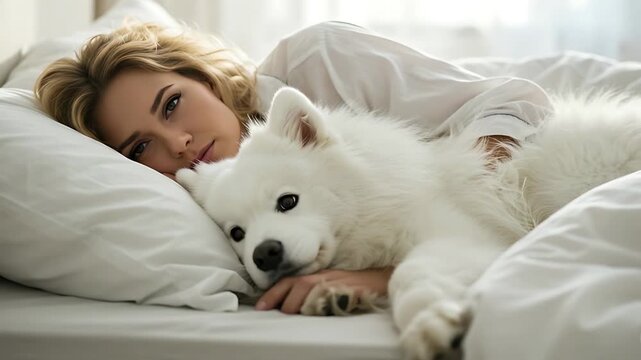 Serene Morning: A Woman and Her Samoyed Dog Cuddling in Bed, Embracing Cozy Comfort
