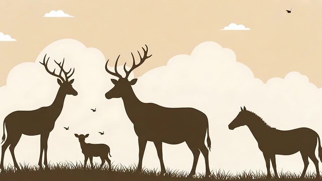 Silhouette Deer and Horse Family in Nature Background Animation, Vector Illustration, Cartoon