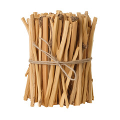Neatly arranged bundle of light brown sticks tied with twine on transparent background