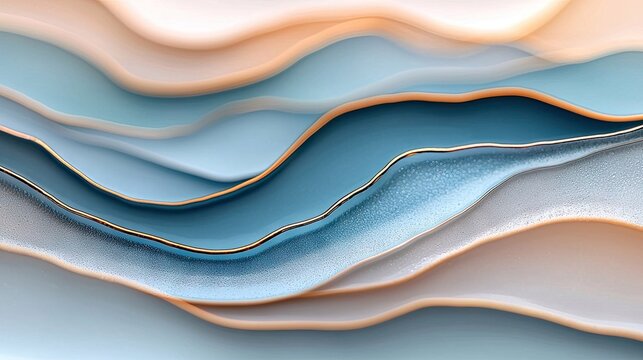 An abstract artwork featuring layered waves in shades of blue, beige, and gold, creating a serene and elegant composition.