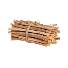 Bundle of light brown sticks tied with jute string on transparent background