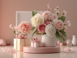 Sweet Romantic Display with Floral Bouquets, Gift Boxes, and Circular Platform on Pink Matte Background