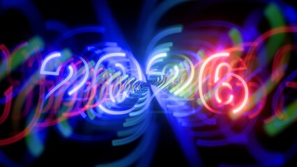 Dynamic Neon Light Trails Forming the Year 2026: Abstract Futurism and Technology Background for New Year's Eve Celebration and Future Concepts