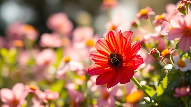 simile. A vibrant artificial flower among real blossoms with a bee approaching in a garden. gardening catalogs, home-decor guides, designed for home decor and floral branding.