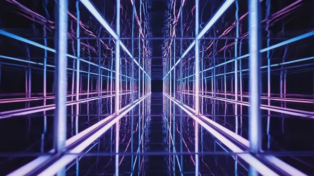 An abstract digital animation of an infinite tunnel with glowing blue and pink neon lights. The mirrored floor reflects the lights creating a sense of endless depth and symmetry.
