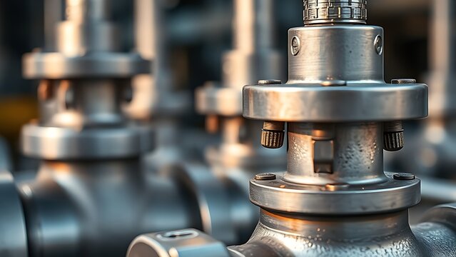discontinuous. Metal nodules on industrial pipe valves reflecting light, metallic texture detail. safety posters, maintenance manuals, designed for industrial assembly lines and welding operations.