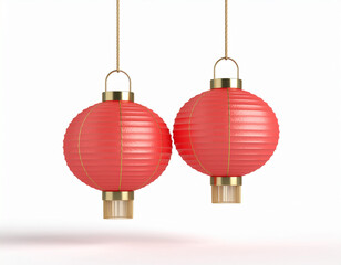 Two 3D red paper lanterns with gold accents, hanging from gold strings on a white background. Perfect for Chinese New Year or Asian festival designs.