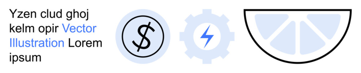 Obraz premium Finance, energy, technology, innovation, sustainability, branding. Currency sign in a circle, gear with a lightning bolt and a lemon slice. Finance and energy innovation design concept