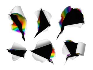 Abstract torn paper with rainbow prism light refraction effect on a black background