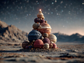 Obraz premium a Christmas tree, stacked arrangement of celestial bodies, including planets and stars, with a dark background that gives the scene a cosmic and otherworldly feel. 