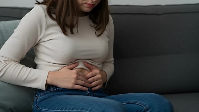 Woman Experiencing Stomach Pain on Sofa: Understanding Abdominal Discomfort and Potential Causes