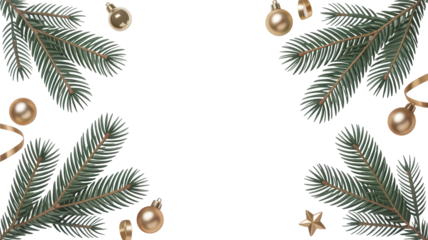 Festive christmas fir branches adorned with golden baubles and ribbon against a dark background
