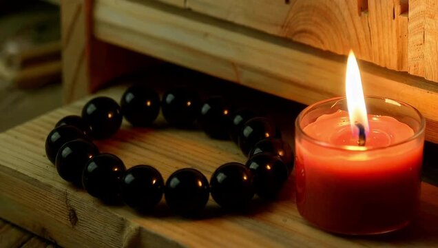 A black beaded bracelet next to a lit red candle, creating a warm and spiritual ambiance.