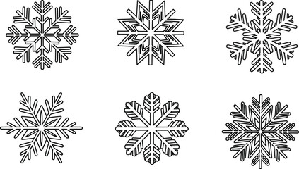 PrintDetailed Black and White Snowflake Line Art, Diverse Winter Outline Collection, Christmas and Holiday Frost Decorations, Vector Set