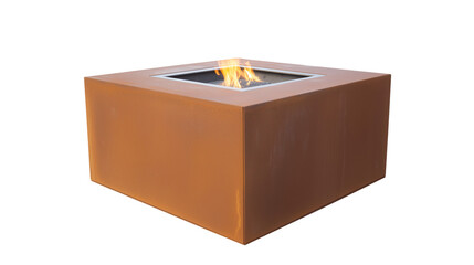 Contemporary square fire pit with rust-colored finish and flickering flame on transparent background
