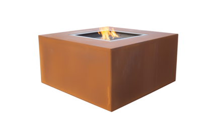 Contemporary square fire pit with rust-colored finish and flickering flame on transparent background
