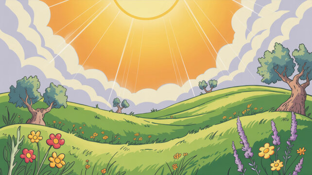 Bright vector illustration of blooming spring meadow with sunshine rolling hills flowers and trees in a cheerful scenic style for seasonal greeting cards nursery decor and nature inspired backgrounds