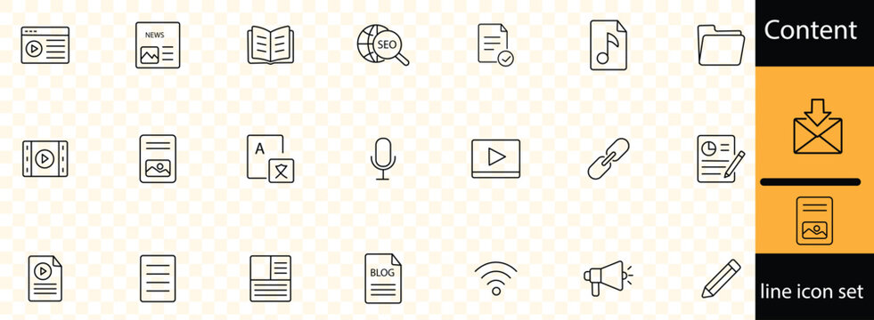Content production related icons set including writing, filming, editing, publishing, camera, microphone, and creative process. Editable stroke icons perfect for media and marketing. 