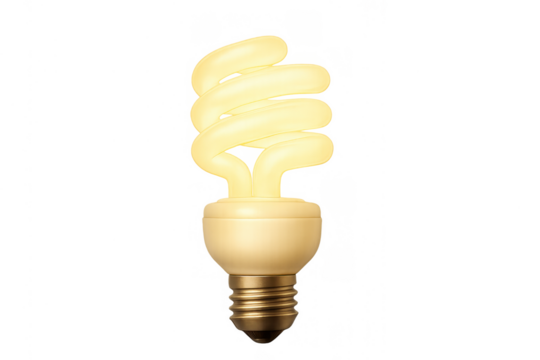 Compact fluorescent lamp with a spiral tube illuminating, representing innovation, eco-friendliness, and cost saving on transparent background - Powered by Adobe