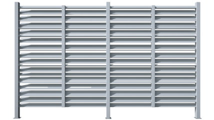Industrial metallic framework with evenly spaced horizontal slats on transparent background