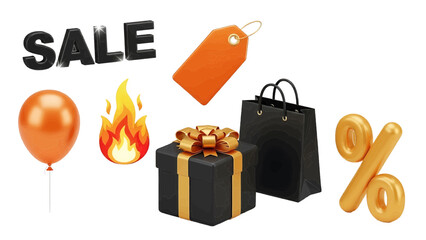 Vector illustration of a 3D sale and shopping icon set with a gift box on transparent background