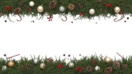 Festive christmas garland border with ornaments and pinecones framing a black copy space