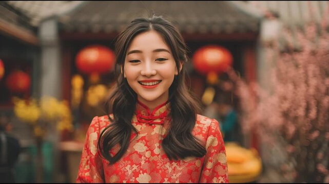 A smiling woman in vibrant traditional attire holds red envelopes, celebrating cultural festivities amidst festive decorations.