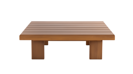 Minimalist wooden table with polished light brown surface and square legs on transparent background