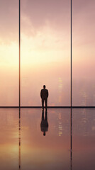 Businessman silhouette before panoramic city skyline at golden hour &mdash; modern high-rise office interior