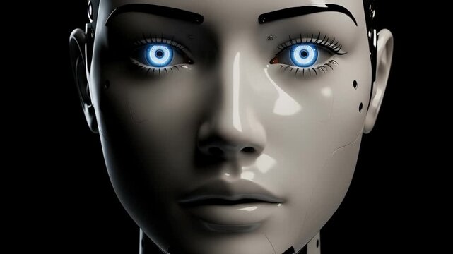 Close Up Female Robot Face With Glowing Blue Eyes Futuristic Sci Fi
