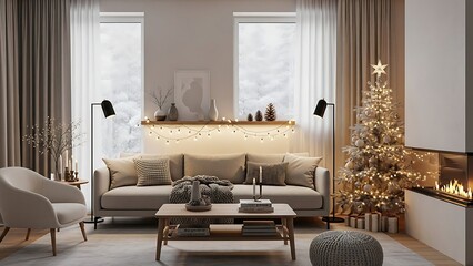 Naklejka premium A cozy and modern living room interior beautifully decorated for the Christmas holidays with a glowing tree, warm fireplace, and festive lights