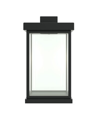 Sleek modern lantern with black base and transparent glass body on transparent background
