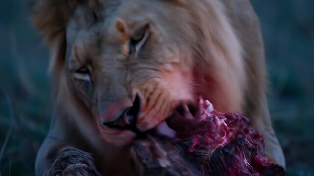 Close Up Lion Feeding on Meat During Twilight Low Light Close Up