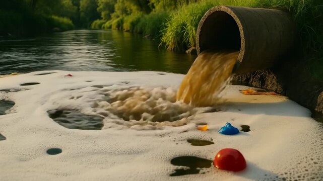 Industrial drainage pipe discharging brown polluted water into a river, churning up foamy contamination that gradually spreads across the surface of the otherwise calm, green riverside landscape.
