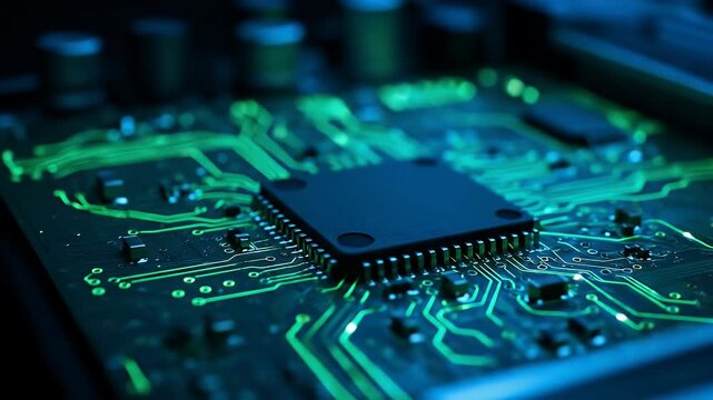 Close Up Macro Circuit Board With Glowing Green Lines And Dark CPU