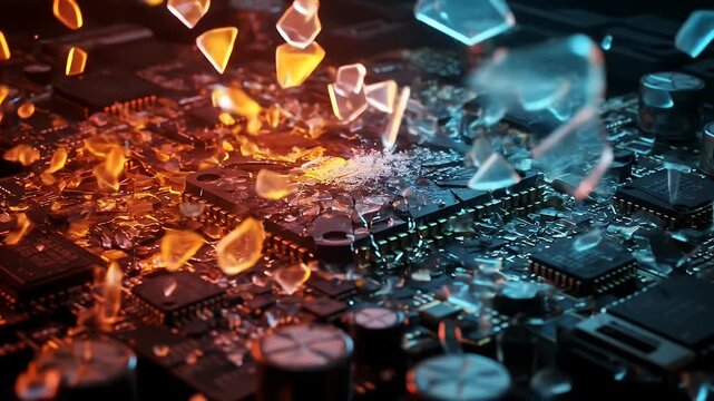 Close Up Macro Circuit Board Explosion Orange Blue Lighting Cinematic